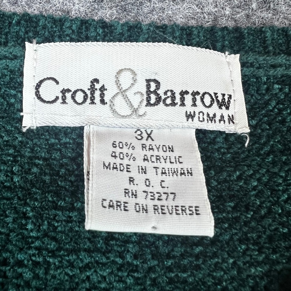 Croft & Barrow Woman Green V-Neck Sweater 3X Marled Knit Diamond Crochet Hem - Picture 2 of 8